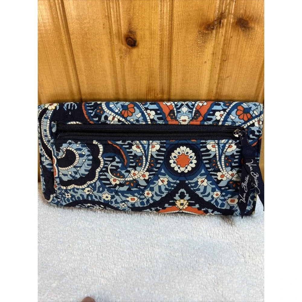 Vera Bradley Trifold Wallet Magnetic Closure Navy Light Blue And Orange Used - Picture 2 of 11